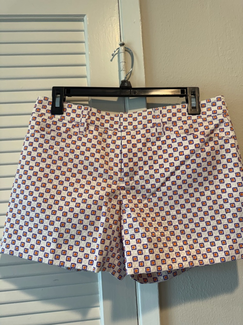 Club Monaco White Cotton Shorts with Purple and Orange Geo Print